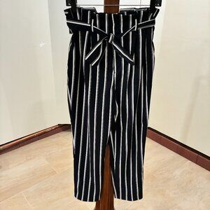 Paperbag High Rise Belted Striped Ankle Pants by H&M Size 6 Navy Blue/White